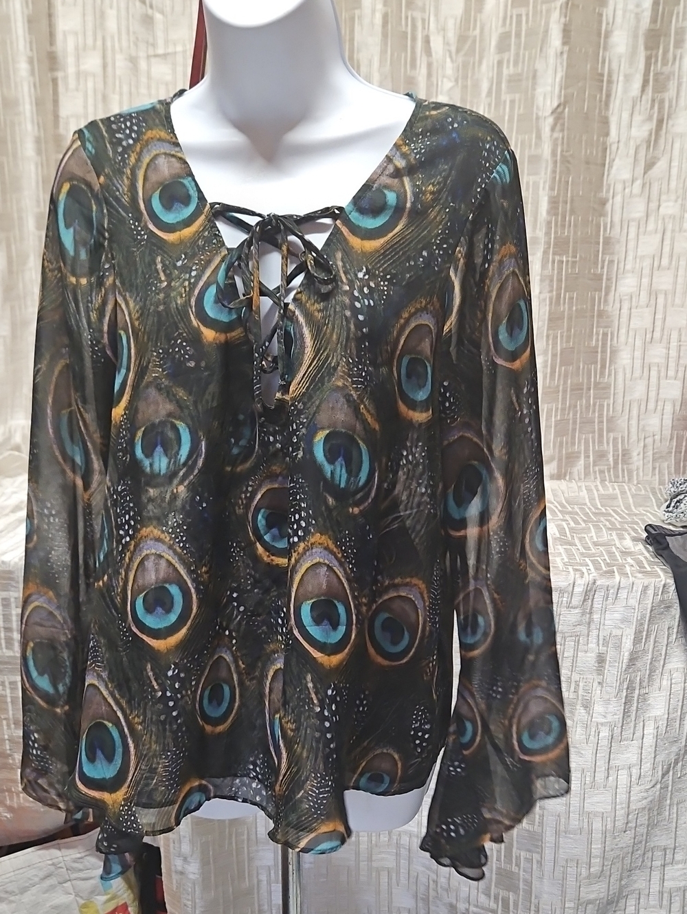Show Me Your MuMu Sheer Peacock-Print Lace-Up Blouse in Black and Teal